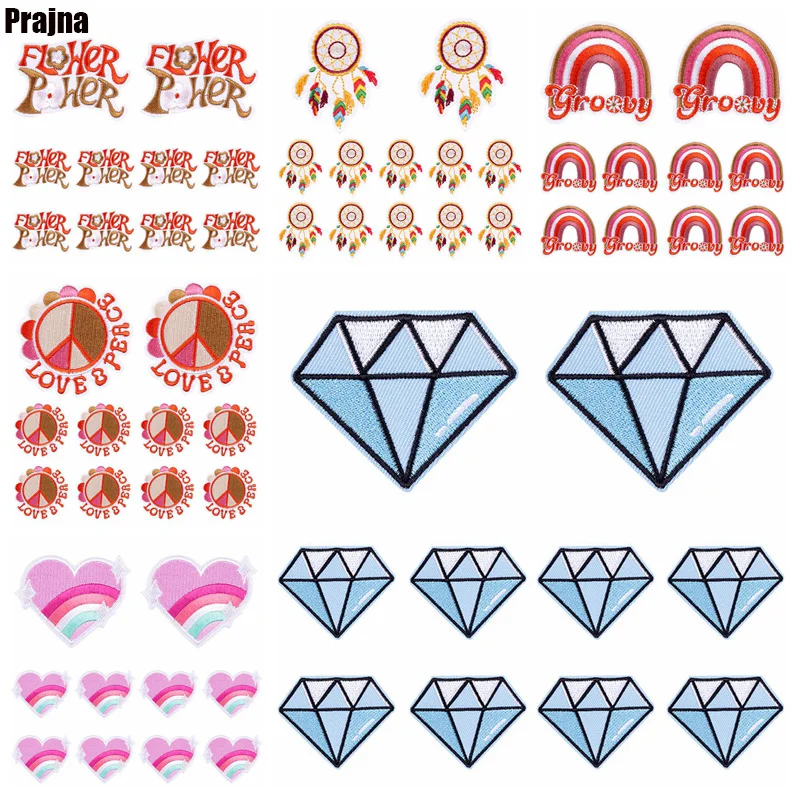 

10PCS/Lots Cartoon Patch Iron On Patches For Clothing Diamond Rainbow Flower Embroidered Patches On Clothes Jacket Sewing DIY