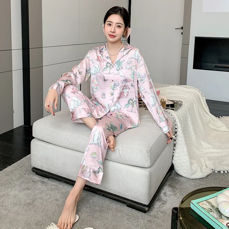 2023 Autumn Ice Silk Pajamas Women's Long-Sleeved Tiger Printed Pajamas Suit High-Grade Internet Celebrity Homewear