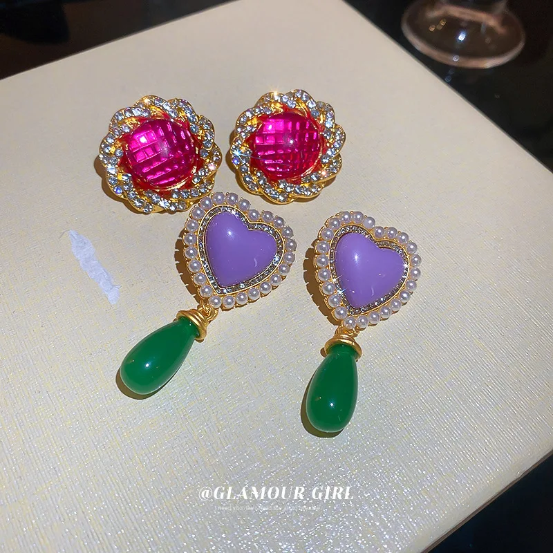 

2022 Summer Crystal Heart Geometric Round Sweet Girl Drop Earrings Party Jewelry