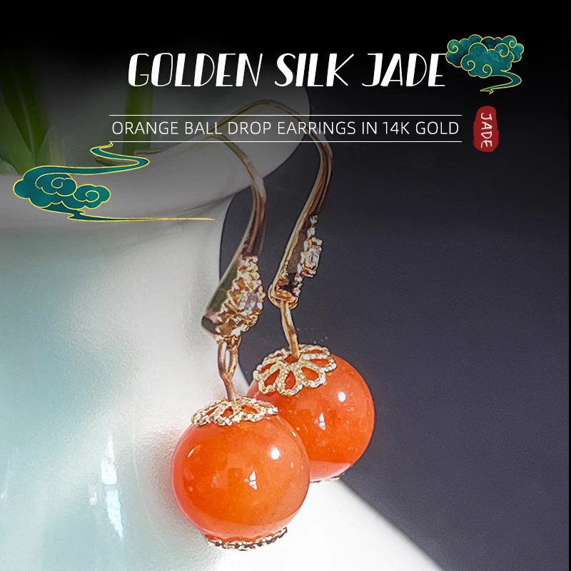 

Женские серьги из натурального кварцита и нефрита, 14 К золото, инкрустированные оранжевыми шариками, элегантные золотые украшения в китайс...