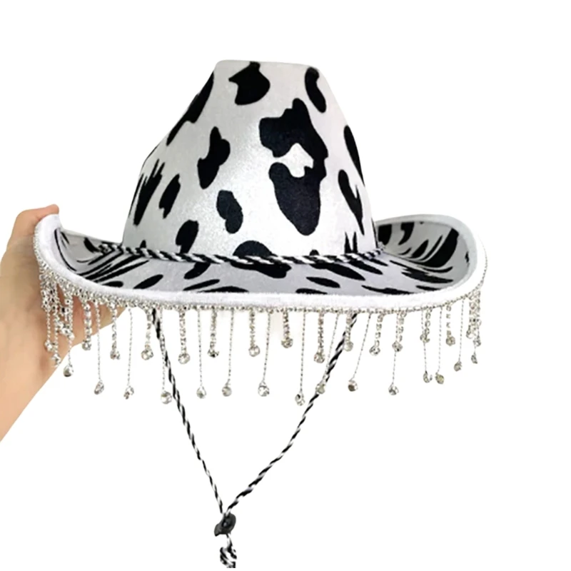 

Large Brim Tassel Hat for Women Men Cowboy Hat Cow Print Cowgirl Hat Rustic Fedora Hat Universal Party Costume Hat HXBA