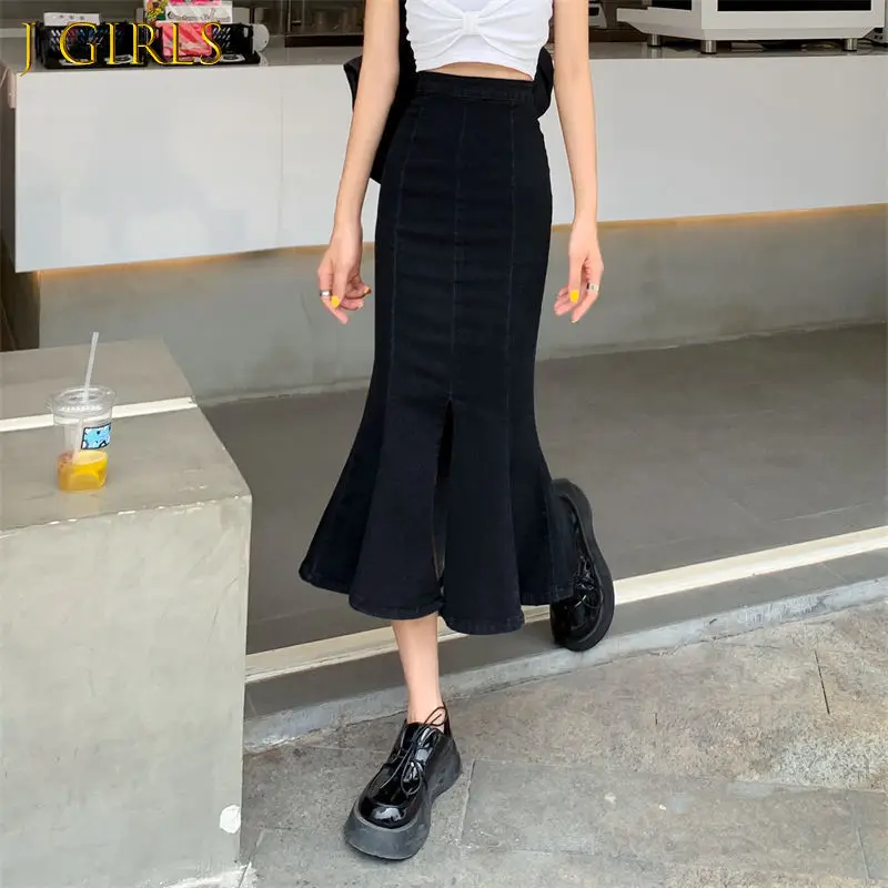 Skirts Women Slim Split Denim Vintage Design Sexy Temperament Trumpet Korean Style Ladies Empire Fashionable College Summer Ins
