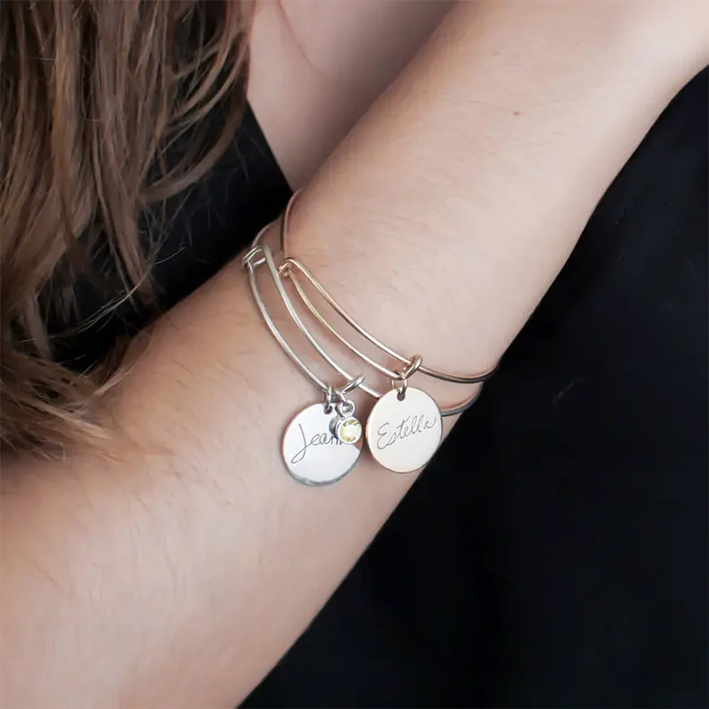 Custom Bangle for Women Personalized Engraved Name Round Pendant with Birthstone Charms Bracelets Stainless Steel Jewelry Gifts