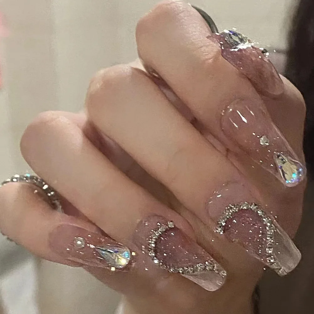 

24pcs Water Drop Love Chain Design Ballet False Nail Full Cover Fake Nails Tip French Coffin Nails Press on Nails Free Shipping