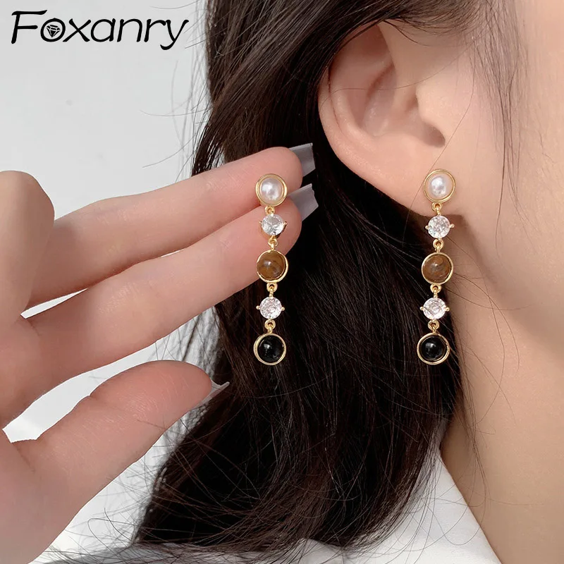 Foxanry Висячие Серьги Для Женщин С Жемчугом И Камнями Тигрового Глаза
