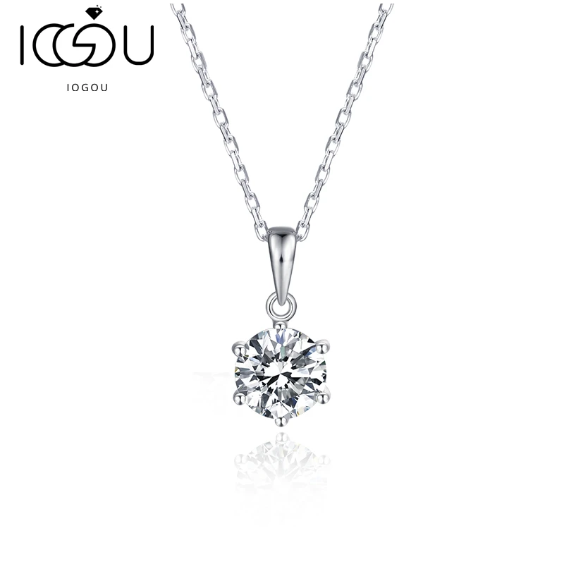 

IOGOU 925 Silver 6.5mm Round Moissanite Necklace Fashion Eternity Simple Six Prong Pendant Necklace Jewelry Gift For Women