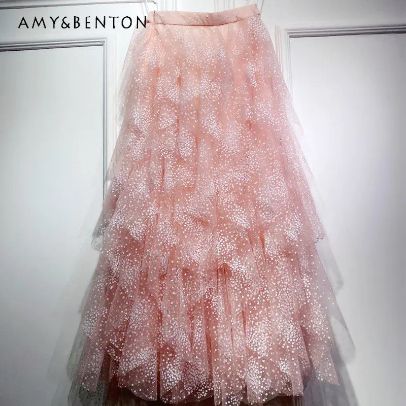 Super Fairy Cherry Blossom Skirt Irregular Mid-Length Skirt Delicate Tulle Skirt Autumn Winter Long Skirts For Women's Clothing