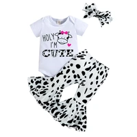 infant baby girls cute clothes set letter cow head print short sleeve romper milk cow skin pattern flare pants bow headband