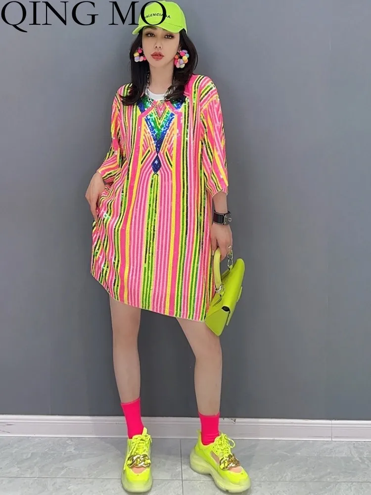 

QING MO 2023 Summer New Korean Color Block Stripe Sequins Dress Women Mid Length Loose Fitting Dress Female Pink ZXF2567