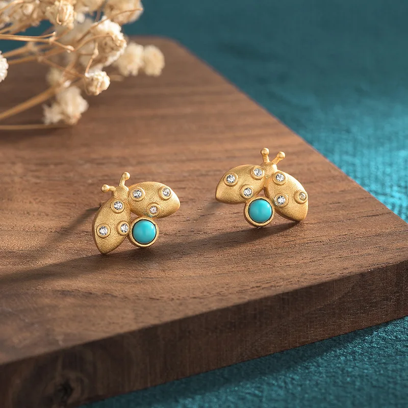 

Ancient gilt craft earrings 925 silver needle bee inlaid imitation turquoise earrings earrings