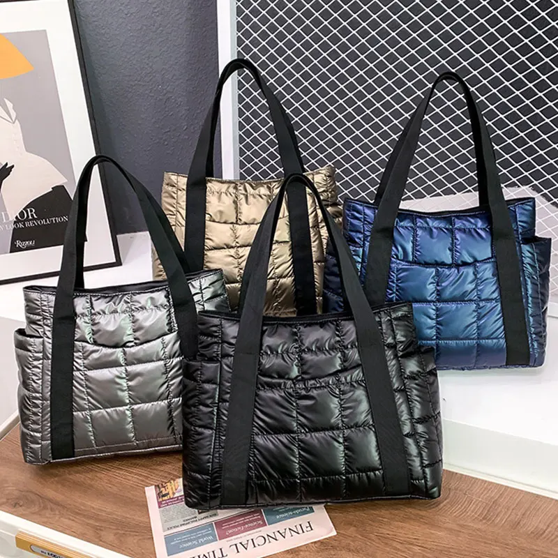 

Autumn Winter Nylon Women Large Capacity Handbags Casual Quilted Lattice Shoulder Bags Female Solid Color Shopping Bags Tote