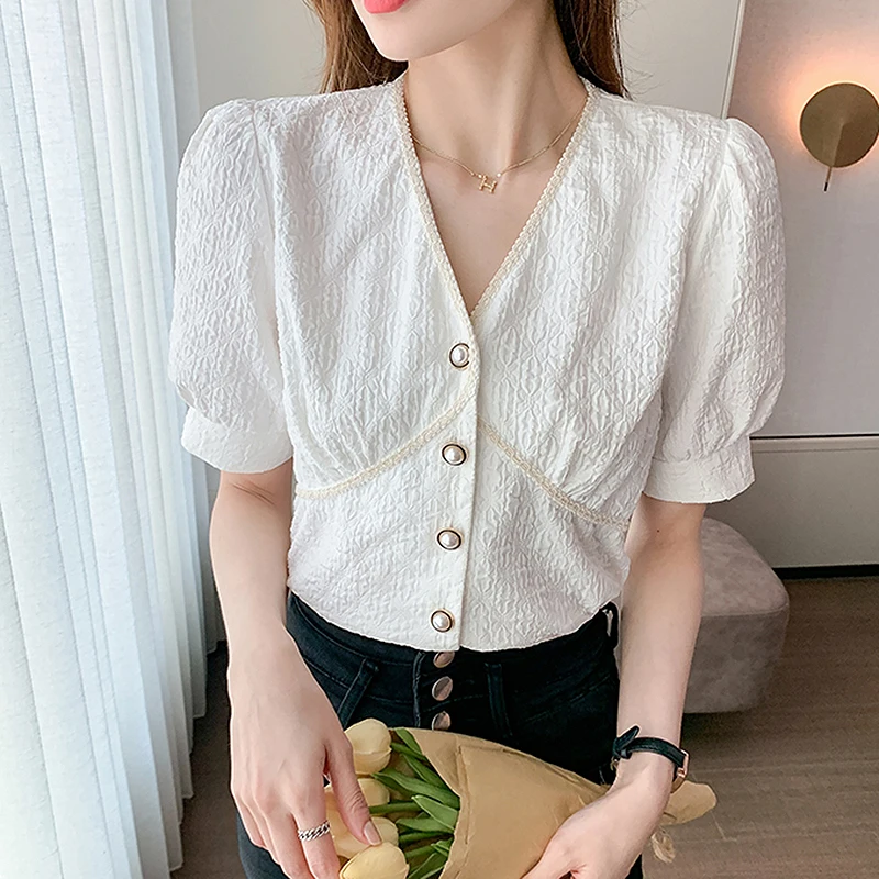 

Женская винтажная Блузка с V-образным вырезом, на пуговицах