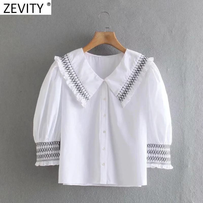 

Zevity New Women Vintage Agaric Lace Honeycomb Lattice Decoration White Smock Blouse Office Ladies Shirt Chic Blusas Tops LS9021