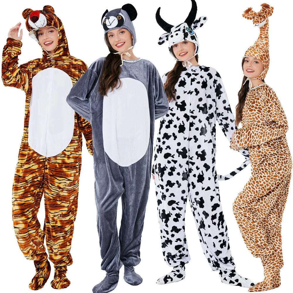 

Halloween Costume Adult Animal Furry Tiger Cow Panda Giraffe Pajamas Stage Costume