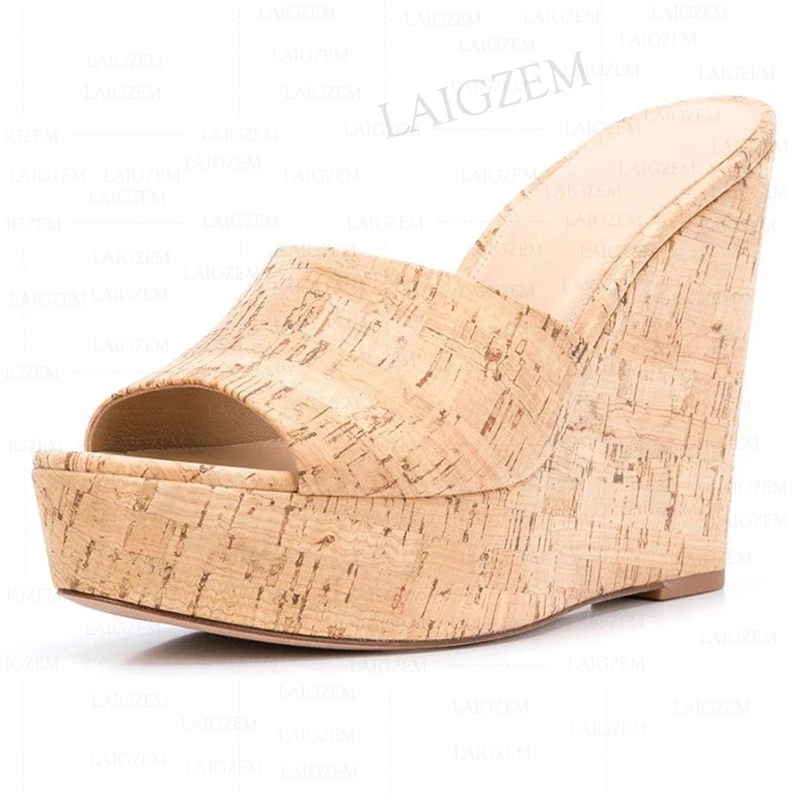 

SEIIHEM Women Platform Wedges Cork Print Mules Slip on Slides Sandals 13CM Height Increase Shoes Woman Big Size 38 41 43 45 48