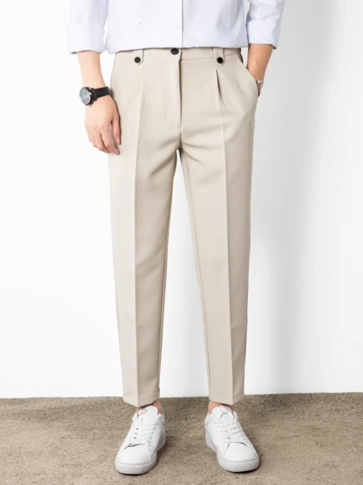 Summer Straight Loose Drape Casual Light Business Suit trousers Skinny Solid Suit Pants Men's Cropped |