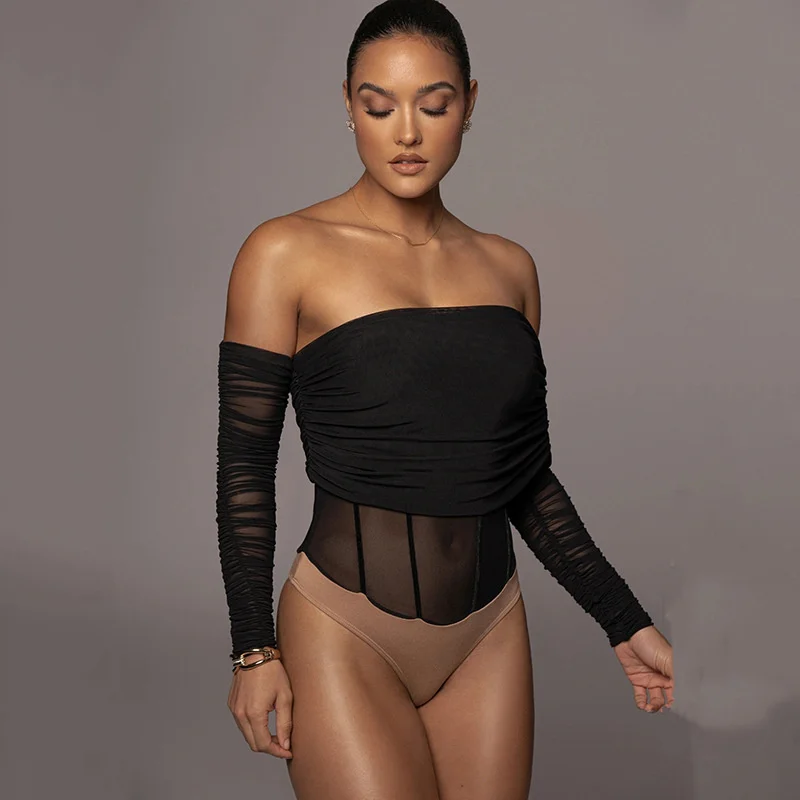 

Sexy Perspective Mesh Bodysuit Women Off Shoulder Long Sleeve Solid Color Backless Jumpsuit 2022 Summer New