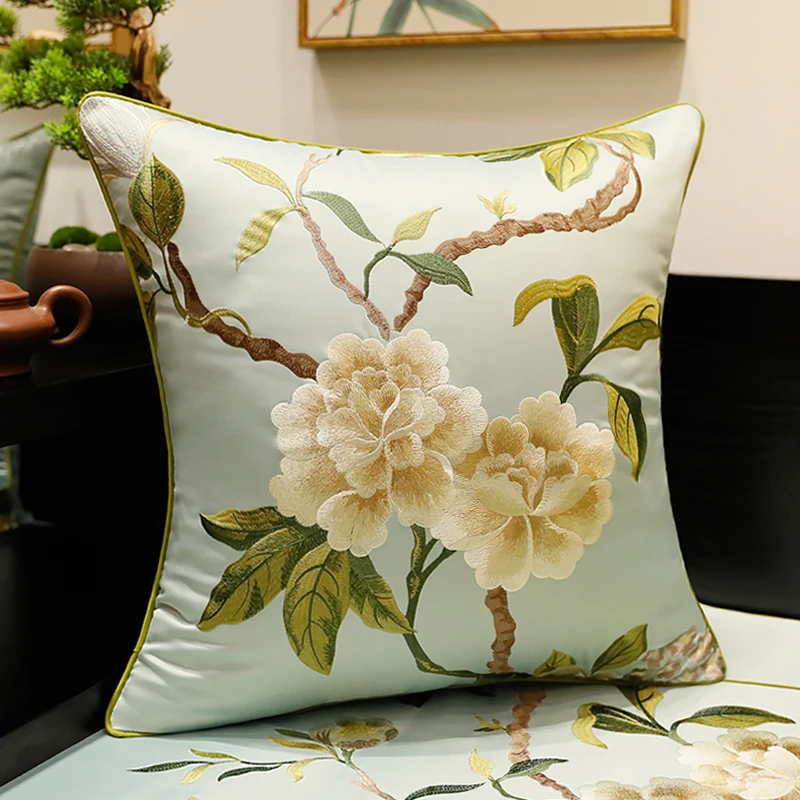 

DUNXDECO Cushion Cover Decorative Pillow Case Vintage Chinese Style Simple Bloom Elegant Embroidery Coussin Sofa Cushion Cover