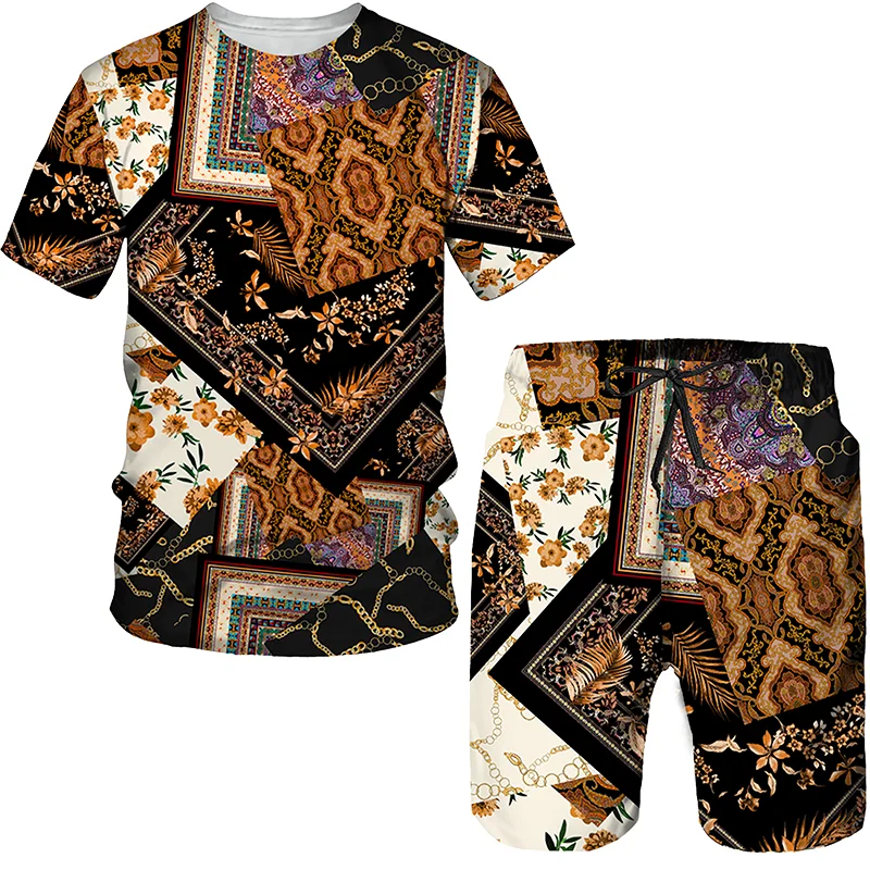 

Summer Street Graffiti 3D Printed Patch Pattern Plus Size Round Neck T-shirt/Shorts/Set Vintage Hip Hop Men's Clothing Set