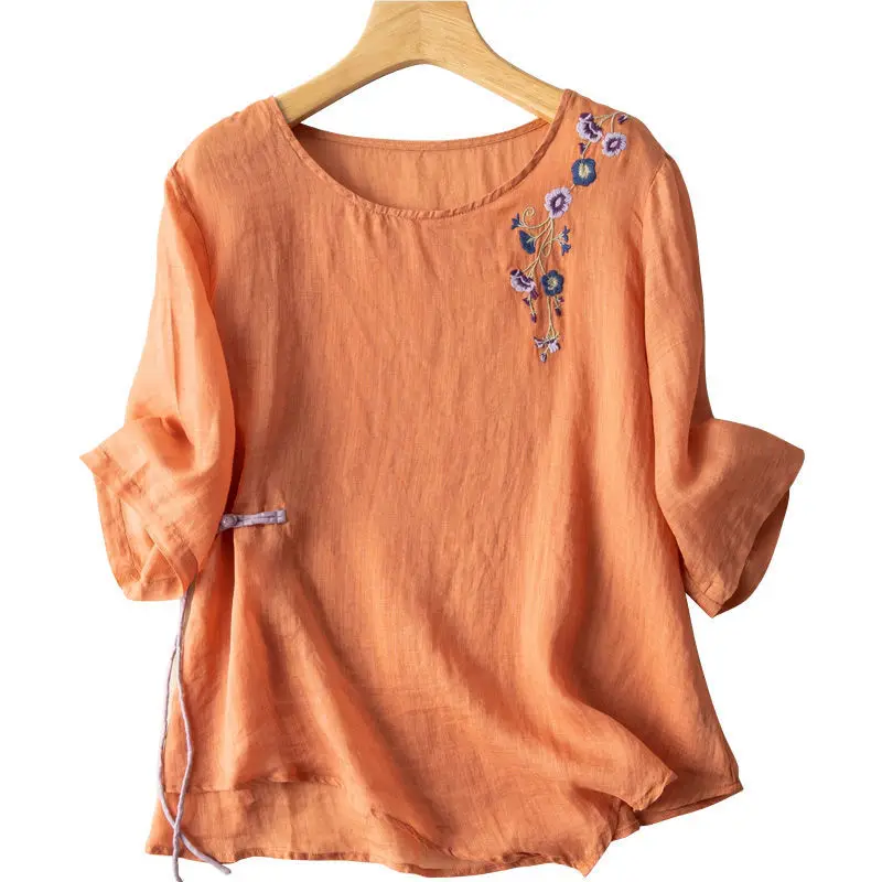 

EAEOVNI Embroidered Short-sleeved Cotton Linen Blouse Female 2022 Summer New Loose Shirt Female Women’s Tops