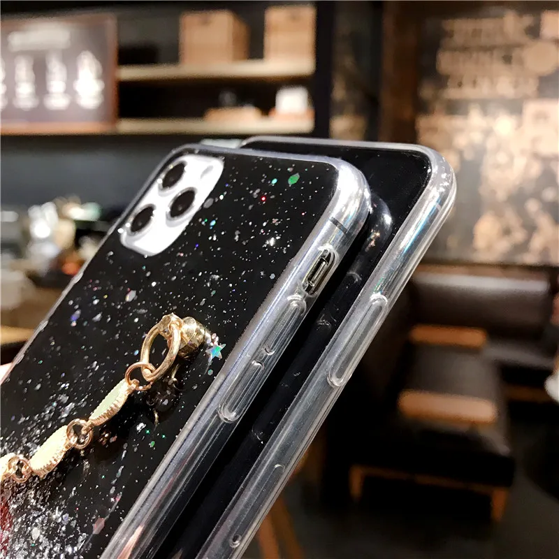 Блестящий чехол с браслетом для телефона IPhone 12 11 Pro Max XR X XS Mini блестящий звездой 7 8 9