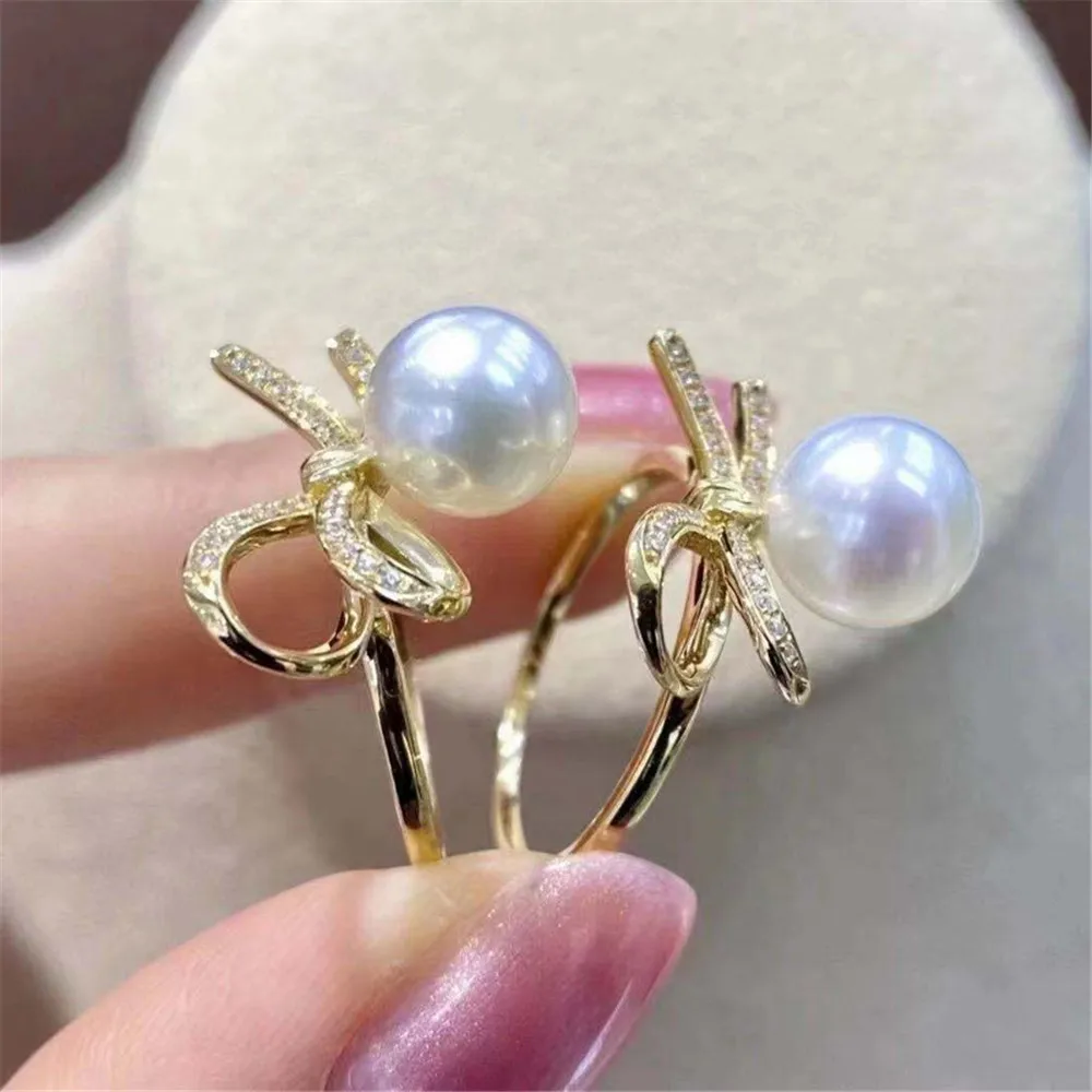 

DIY Pearl Accessories Bow Pearl Ring Empty Holder Adjustment S925 Sterling Silver Jewelry Fit 8-10mm Beads