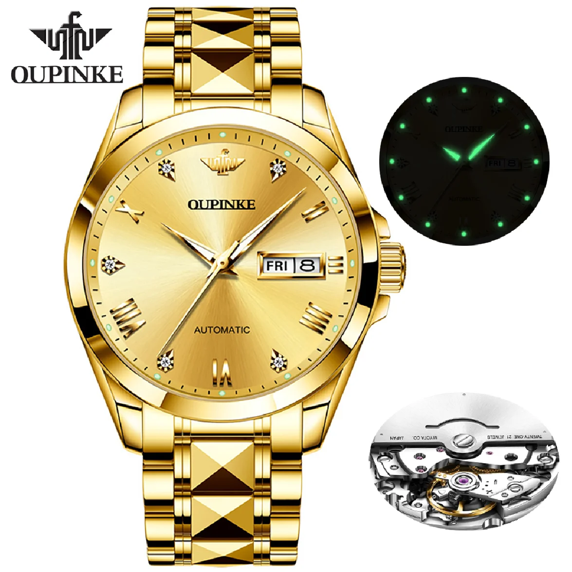 

OUPINKE Original Gold Watch for Men Luxury Automatic Mechanical Sapphire Crystal Fashion Diamond Waterproof Wristwatch Gift