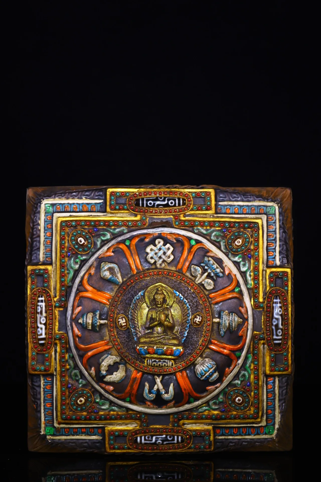 

12"Tibetan Temple Collection Old wipe Buddha Shakyamuni Auspicious Eight Treasures thangka mandala gem Dzi Beads hanging screen