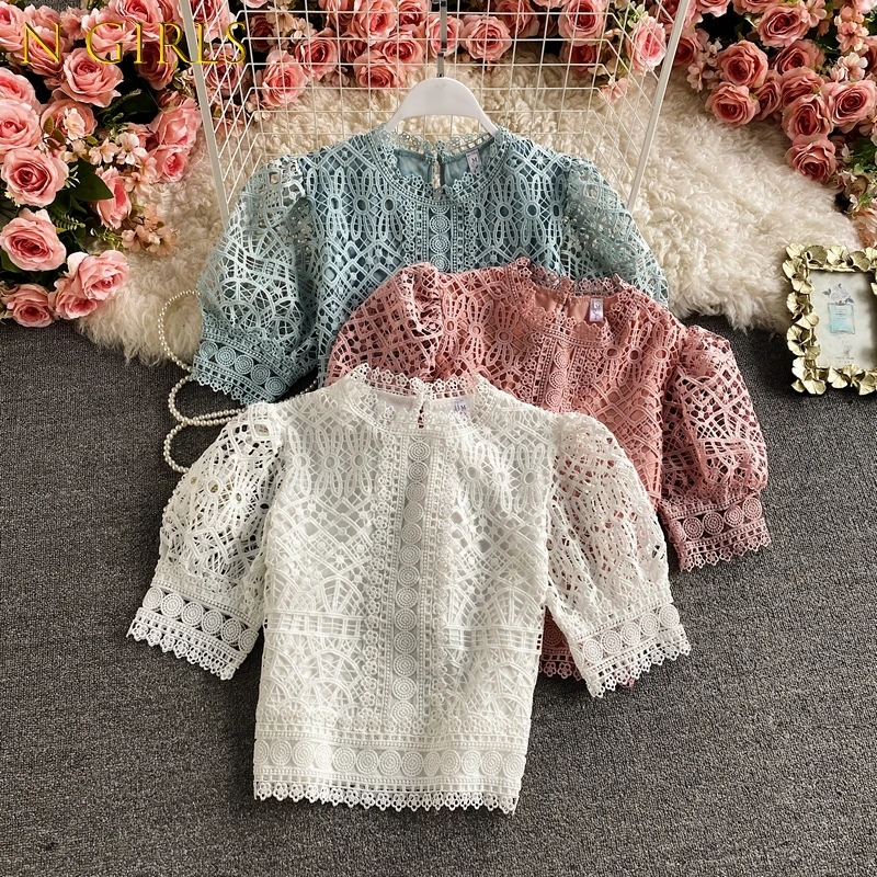 

N GIRLS Sweet Puff sleeve Water-soluble Crochet Hollow Lace Women's Shirt Short sleeve All-match cropped Top For Women