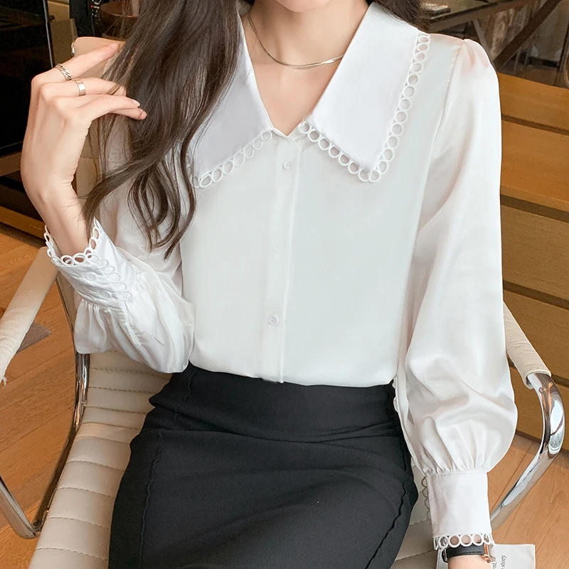 Новинка 2023, Весенняя женская рубашка с рукавами-фонариками, Повседневная Женская атласная роскошная белая блузка, женский модный Повседневный офисный Топ LB028