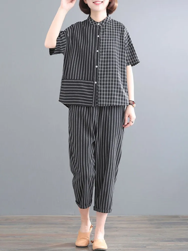 

2 Piece Sets Women Summer Casual Pants Suits New 2022 Vintage Style Female Striped Cotton Shirts And Calf-length Pants B1843