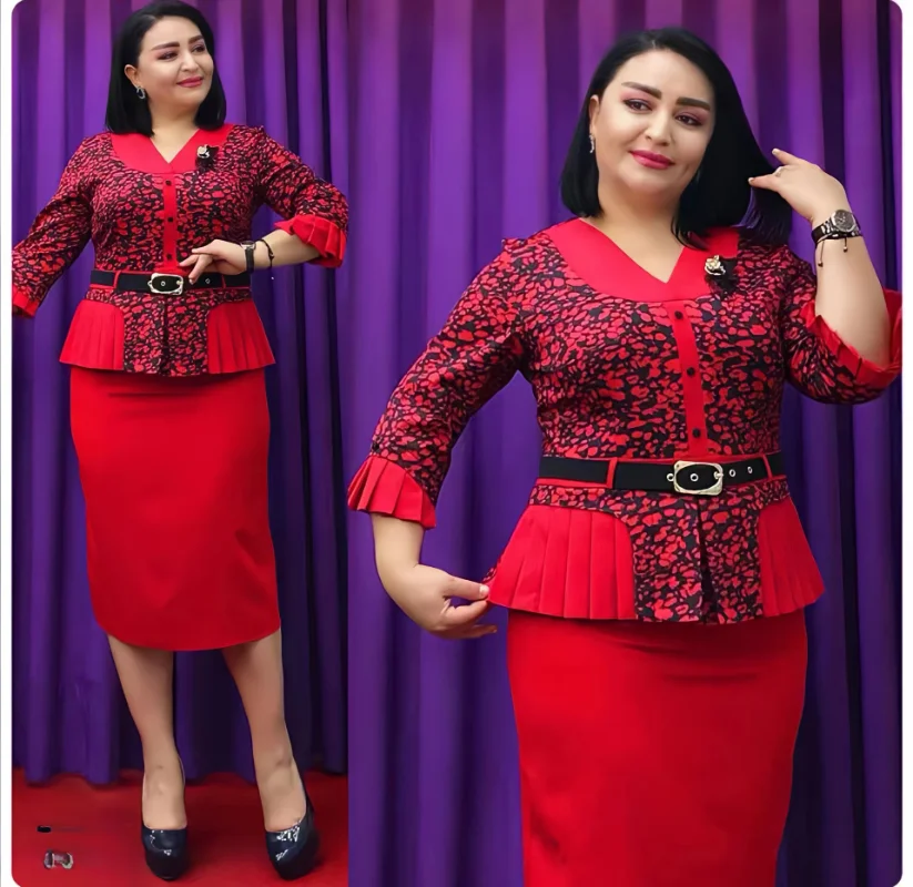 Snow Leopard Printed 2 Piece Sets Women V Neck Patchwork Pleated Top with Belt Solid Skirt Vintage African Event Big Size Suits