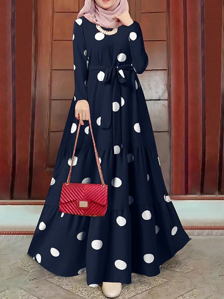 

Женское плиссированное платье макси, Элегантное Длинное платье в горошек в мусульманском стиле с круглым вырезом и свободным подолом, модн...
