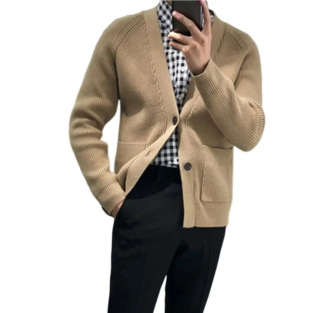 

Ribbed Chic Single-breasted V Neck Men Coat Elastic Men Coat Thick for Daily Wear
