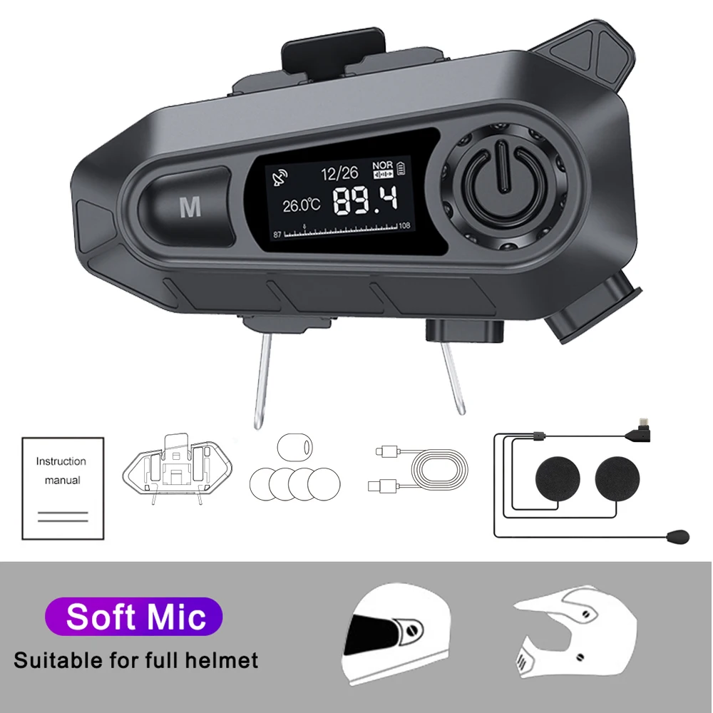 

Гарнитура для мотоциклетного шлема BT5.3, беспроводная водонепроницаемая мотоциклетная гарнитура с функцией громкой связи и FM-радио, светодиодный дисплей для всадника