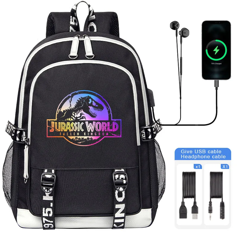 Jurassic Park Blue & Purple Fossil Logo Boy Girl Backpack Children Teenage USB Book Bag Men large capacity Traveling Backpack