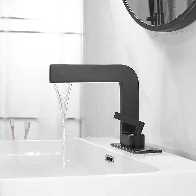 

Black Square Waterfall Bathroom Faucet Basin Mixer Tap Wide Spout Vessel Bath Fauet Hot Cold Water Single Handle Deck Mounted