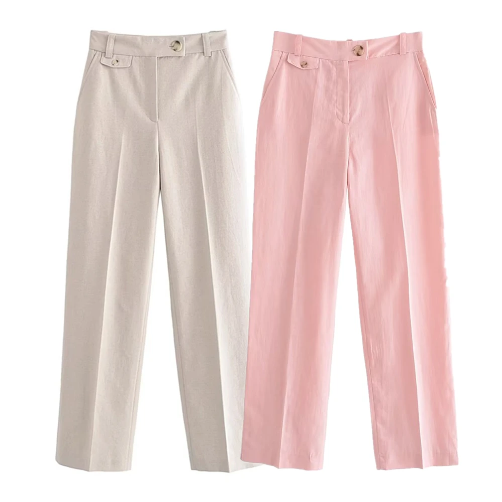 

Elmsk Fashion Office Ladies Elegant Straight Leg Trousers High Waist Solid Color Pocket Trim Casual Pants Women