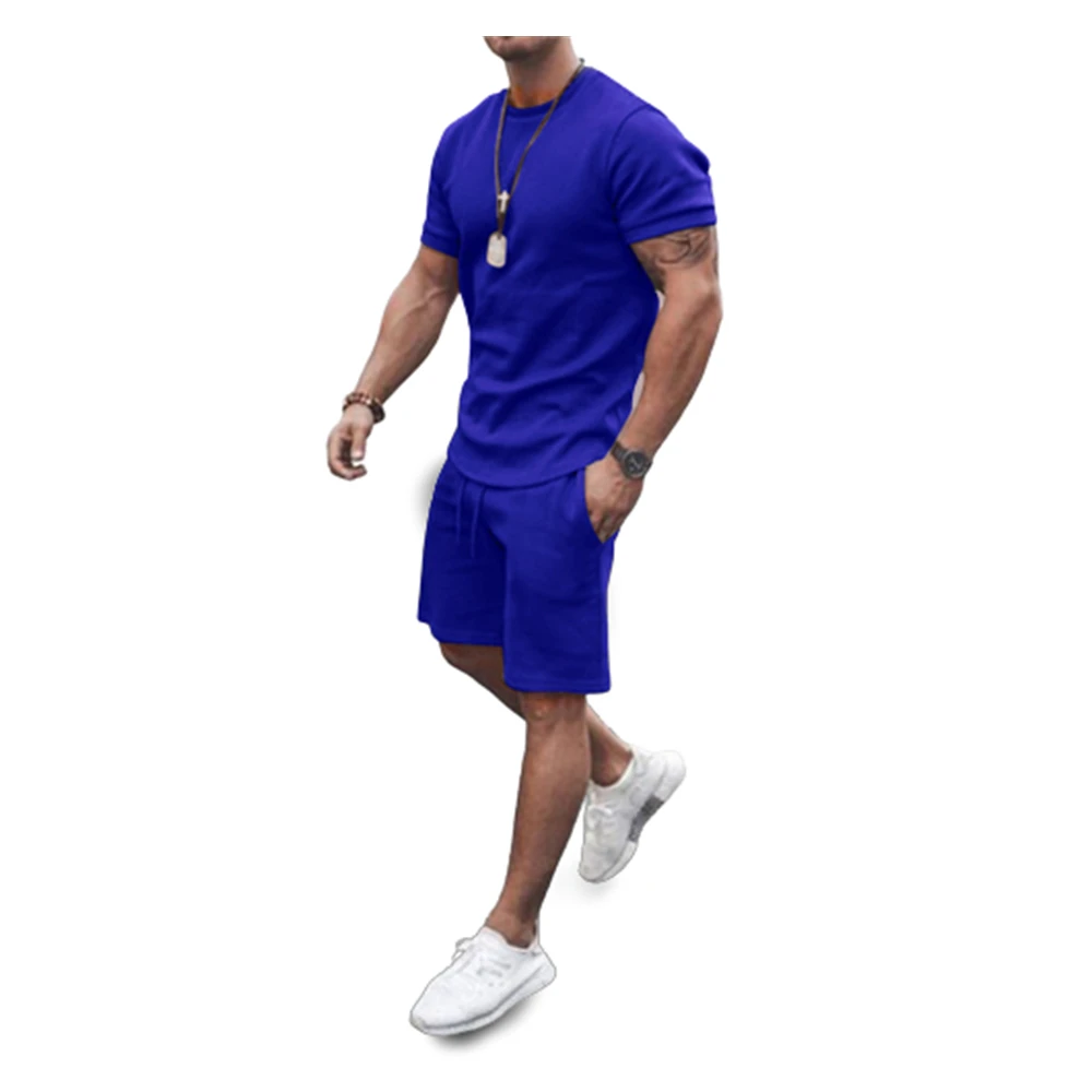 Summer Trendy Teenager Tracksuits For Men Solid Color Short Sleeve T-shirt And Drawstring Shorts Casual Sport 2 Piece Sets 21486