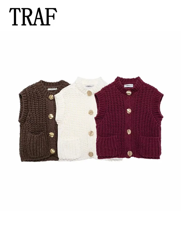 TRAF женский вязаный жилет новый модный укороченный топ для женщин без рукавов