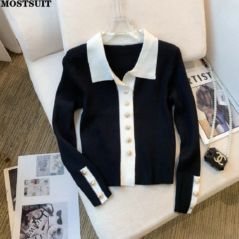 

Black Vintage Slim Knit Cardigan Sweater Women 2023 Autumn Long Sleeve Single-breasted Tops Color-blocked Elegant Chic Knitwear