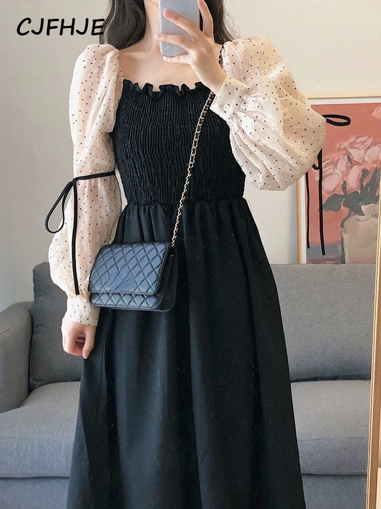 

Korean Fashion Vintage Y2k Dresses for Women 2022 Autumn Long Sleeve Casual Midi Dress Bandage Design Black Party Dress Female