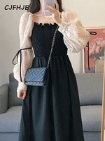korean fashion vintage y2k dresses for women 2022 autumn long sleeve casual midi dress bandage design black party dress female