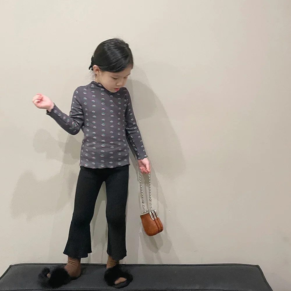 RiniLucia Girls Floral Bottoming Shirt All-match Korean Version O-neck Long Sleeve Ruffle T-shirt Autumn New BlouseTops