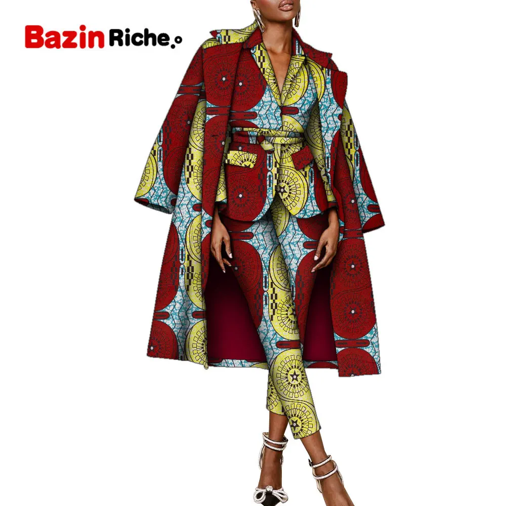 Traje africano con estampado Dashiki para mujer, chaquetas, pantalones y abrigo largo, conjunto de tres piezas, trajes ajustados con cinturón, dos bolsillos WY9896