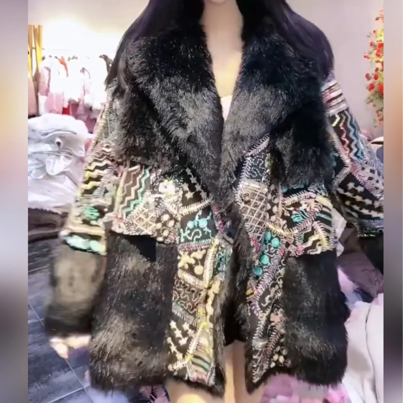 Heavy Embroidery Sequins Fur Coat Women Toka Wool Warm Casual Trend Long Sleeve Luxury Furry Fur Jacket Winter Overcoat Casacos