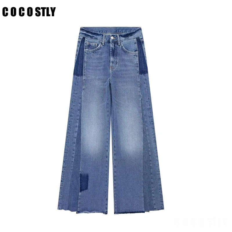 

2023 New Autumn Women Retro Mid Waist Patchwork Wide Leg Jeans Female Fashion Leisure Versatile Streetwear Denim Pants Trousers