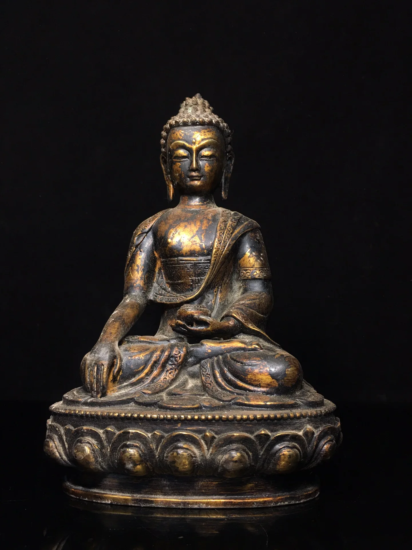 

12"Tibetan Temple Collection Old Bronze Cinnabar Mud gold Shakyamuni Sitting Buddha Worship Hall Town house Exorcism