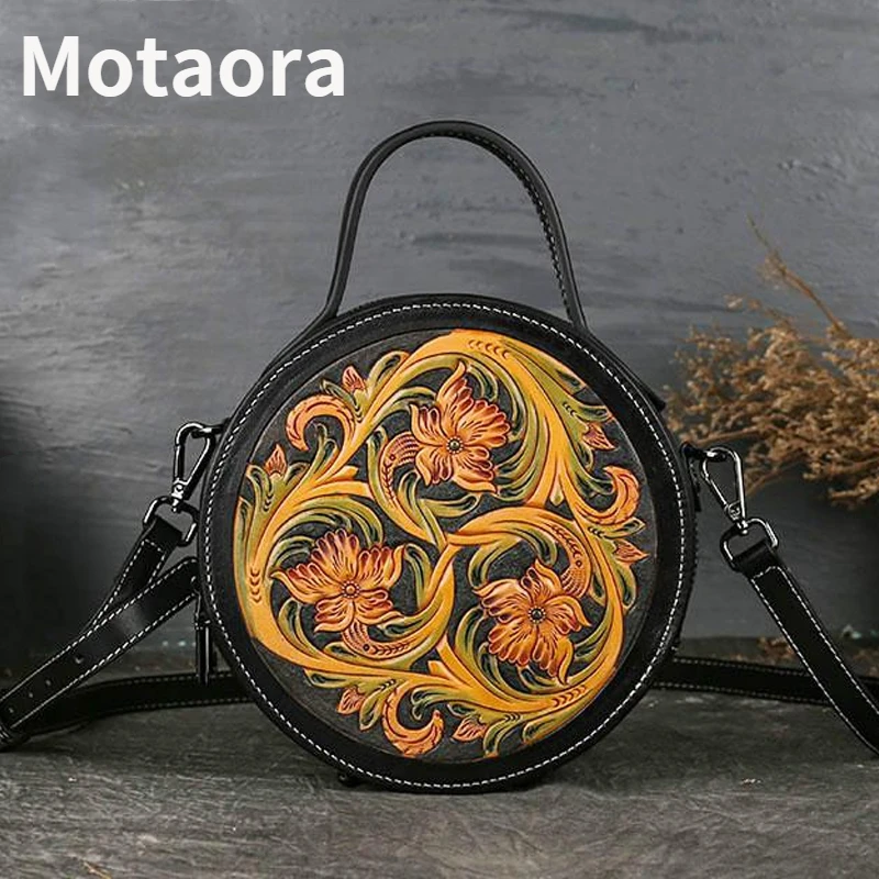 

MOTAORA Handmade Embossed Luxury Handbags Genuine Leather Women Bags Retro Circular Designer Floral Shoulder & Crossbody Bags