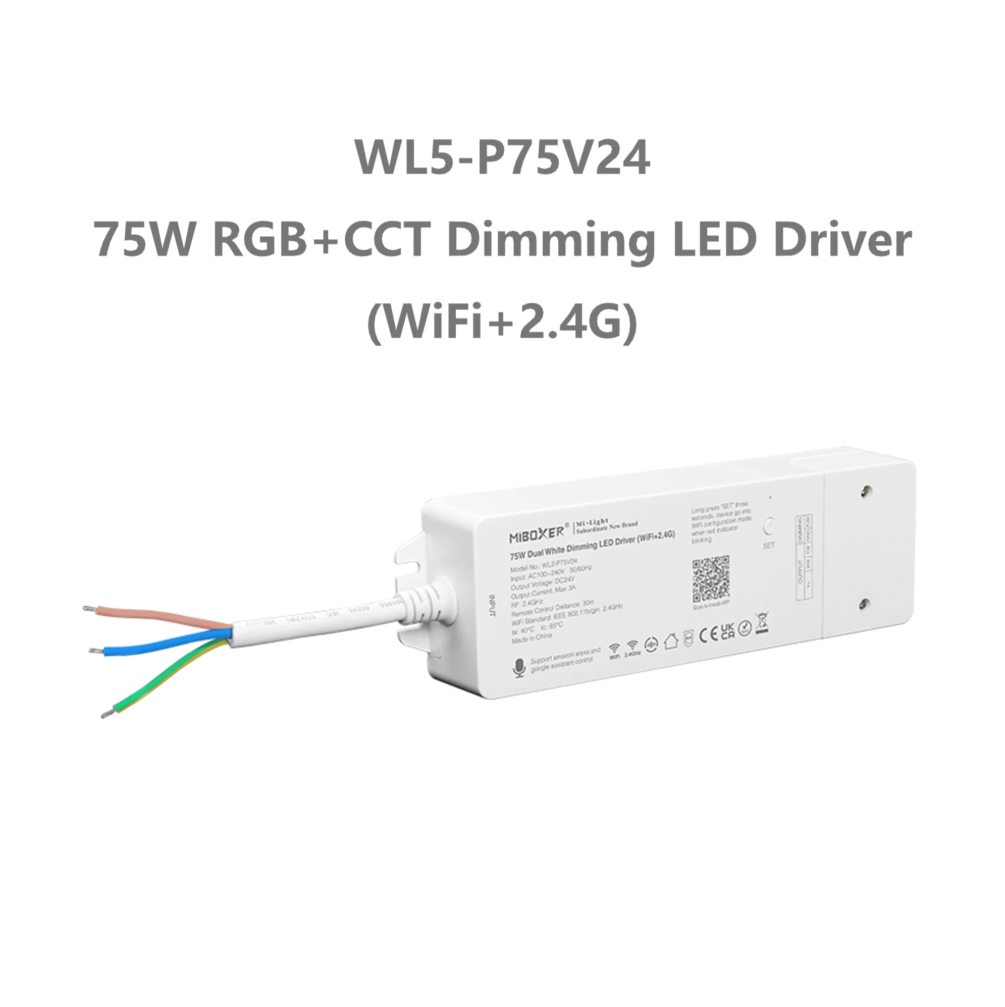 

MiBOXER WL5-P75V24 75W RGB+CCT Dimming LED Driver WiFi+2.4G Built-in Power Adapter AC100V~240V to DC24V Support Multiple Control